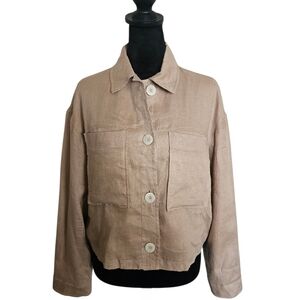 Zara 100% Linen Tan Cropped Button-down Overshirt Size L NEW
